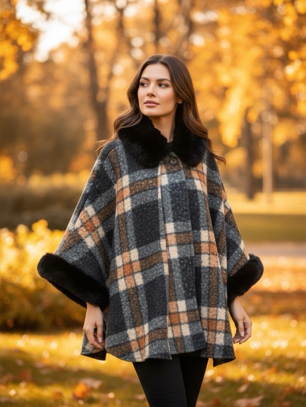 Elegant Black and Brown Plaid Hooded Poncho